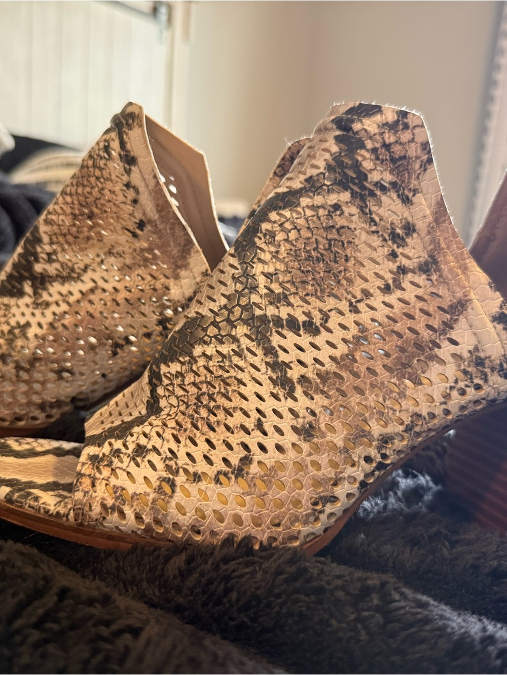 Vince Camuto Beige Snake-Print Open-Toe Ankle Booties